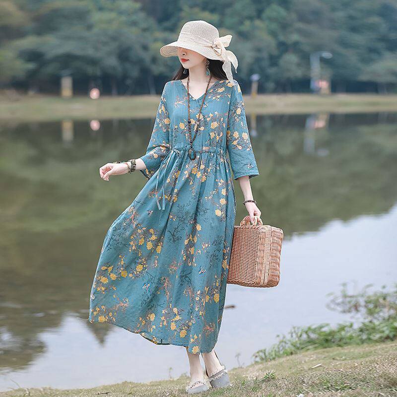 素订旗舰店文艺复古棉麻七分袖连衣裙女夏宽松大码显瘦大摆长裙