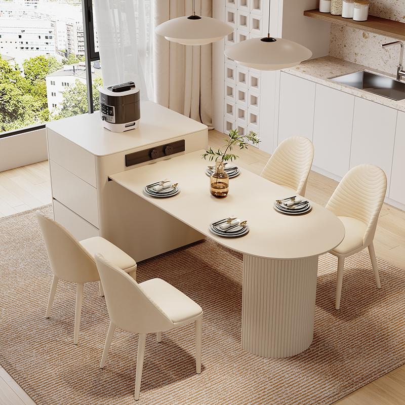岩板岛台餐桌一体可伸缩小户型法式奶油风家用实木轻奢高级中岛台