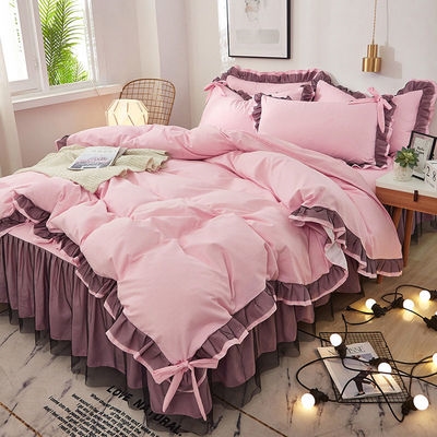 韩版纯色床裙床罩四件套公主风蕾丝绣花边ll被套床单1.8床上用品