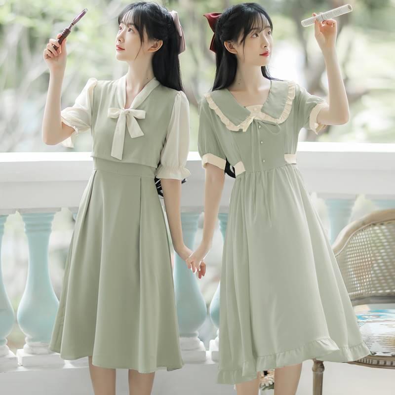 法式超仙气收腰衣裙女夏季新闺蜜装学生甜美muq温柔款风质长连裙