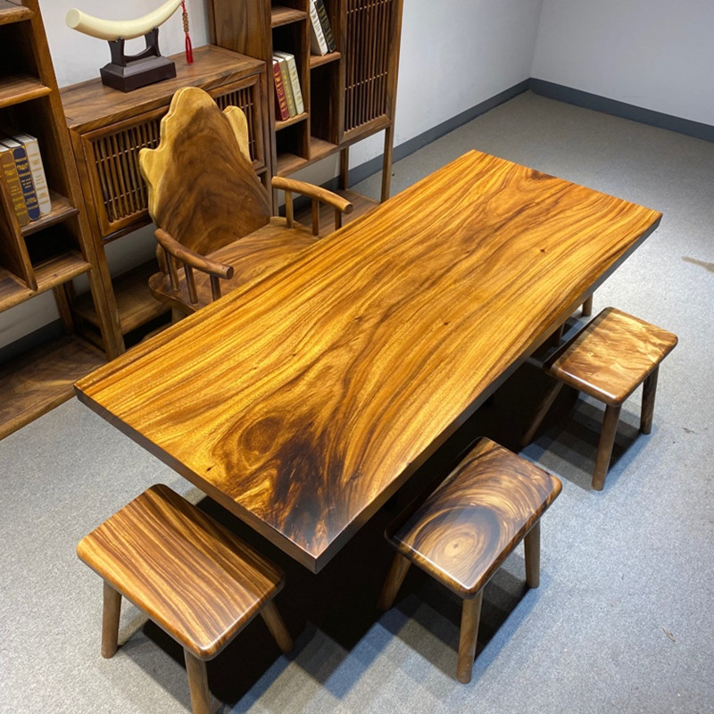 胡桃木全实原木奥坎工厂现货办公大板桌茶台桌椅整块板无拼接茶桌