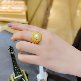 英国TopWhit新中式复古黄金色花丝珍珠戒指古法时尚戒子年新款食