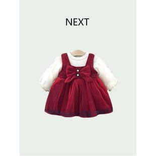 英国NEXT婴儿红色连衣裙2024春秋女宝宝新年装周岁礼服公主裙套装