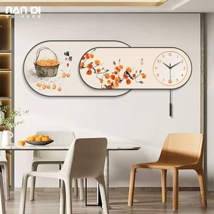 新中式餐厅装饰画钟表挂钟柿子暖居平安喜乐挂画创意艺术时钟挂墙