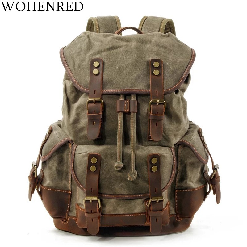 WOHENRED Large Capacity Leather Canvas Backpacks For Men Sc