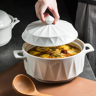 陶瓷北欧奶油风带盖汤碗 家用大容量双耳盛汤大碗高级感餐具汤盆