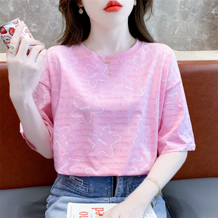 纯棉短袖t恤女士夏季韩版宽松百搭洋气设计半袖体恤时尚印花上衣
