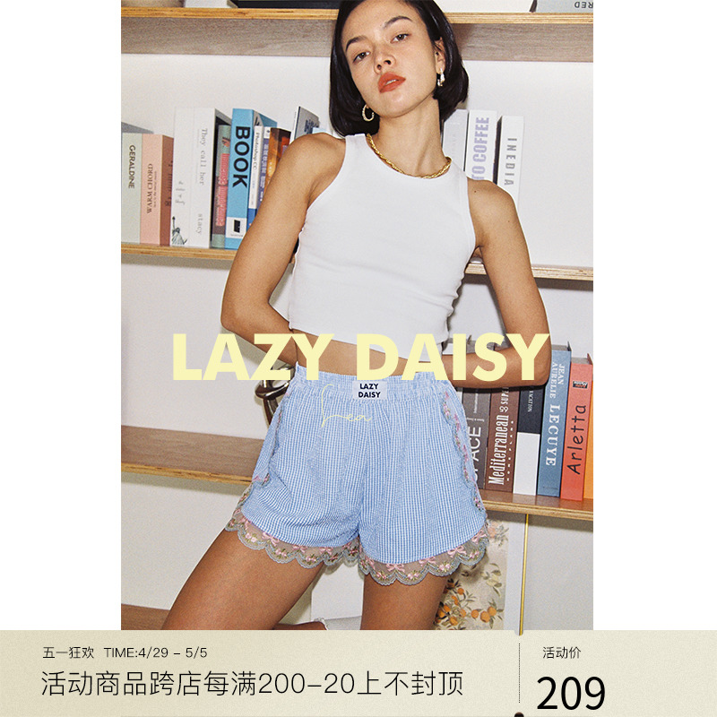 Lazy Daisy Léa系列居家短裤女夏慵懒可外穿拼接蕾丝格纹家居服