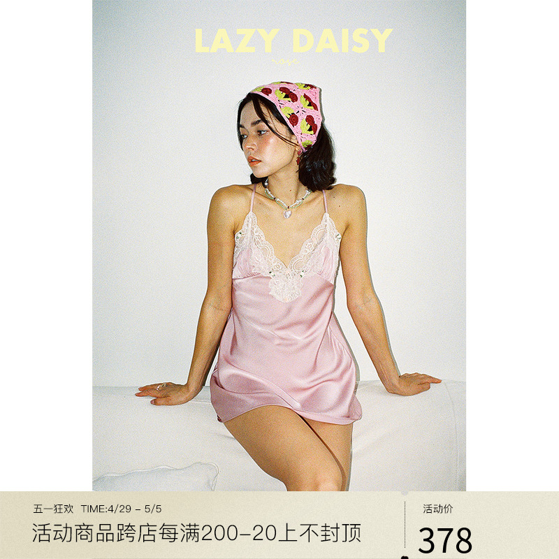 Lazy Daisy睡裙 Rosè法式玫瑰花园粉睡衣镂空性感蕾丝拼接吊带裙