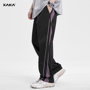 XAKA美式高街休闲直筒裤男2024新款宽松运动裤侧边条纹垂感长裤子