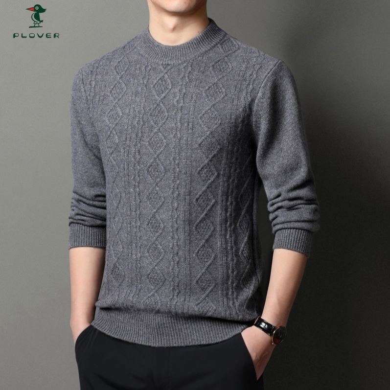 啄木鸟冬季加厚圆领毛衣男士套头宽松纯羊毛衫提花休闲针织羊绒衫
