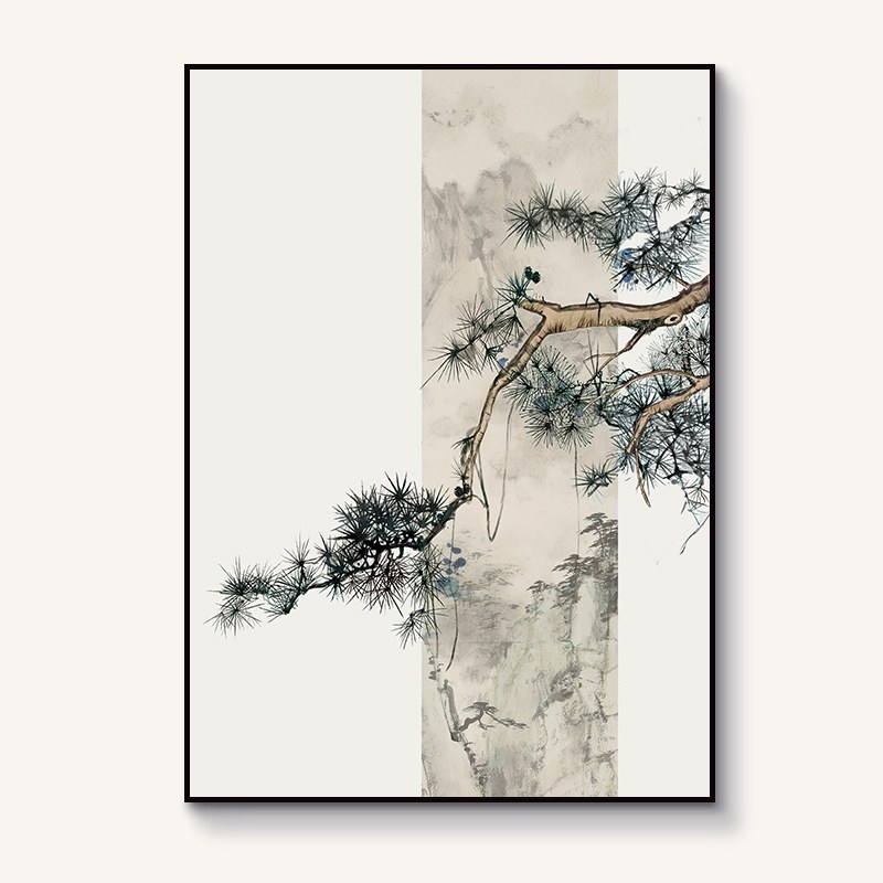 定做入户挂画新中式客厅玄关进门迎客松过道装饰画松树走廊背景墙
