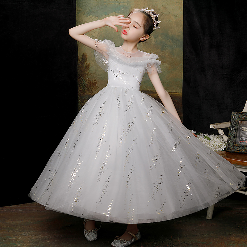 女童高端晚礼服灰色儿童大提琴演奏礼服裙女孩演出服中大童主持人