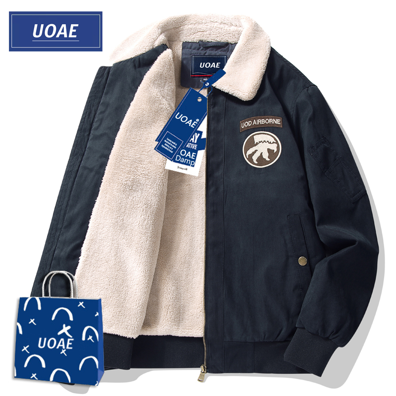 UOAE香港时尚羊羔绒外套男秋冬季棉衣加绒加厚棉服毛领飞行员夹克