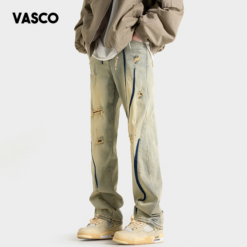 VASCO 美式破洞黄泥牛仔裤男款夏季小众设计直筒微喇阔腿裤子潮牌