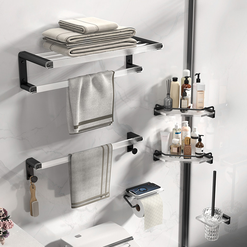 亚克力浴巾架浴室免打孔家用黑色毛巾架太空铝加厚厕所挂毛巾架子