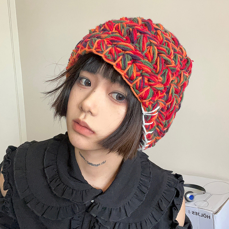 hao显脸小/秋冬厚实小众配色毛线帽包头钩针宽松保暖针织帽子女