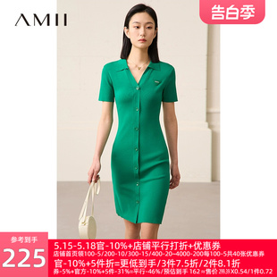 Amii2024夏新款POLO翻领V领修身双曲纱冰丝针织短袖连衣裙女