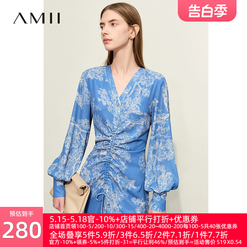 Amii中国风印花雪纺连衣裙女2024夏季新款V领抽绳灯笼袖仙气裙子