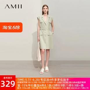 Amii2024夏新款通勤帅气工装风西装领宽肩配腰带连衣裙女短裙子