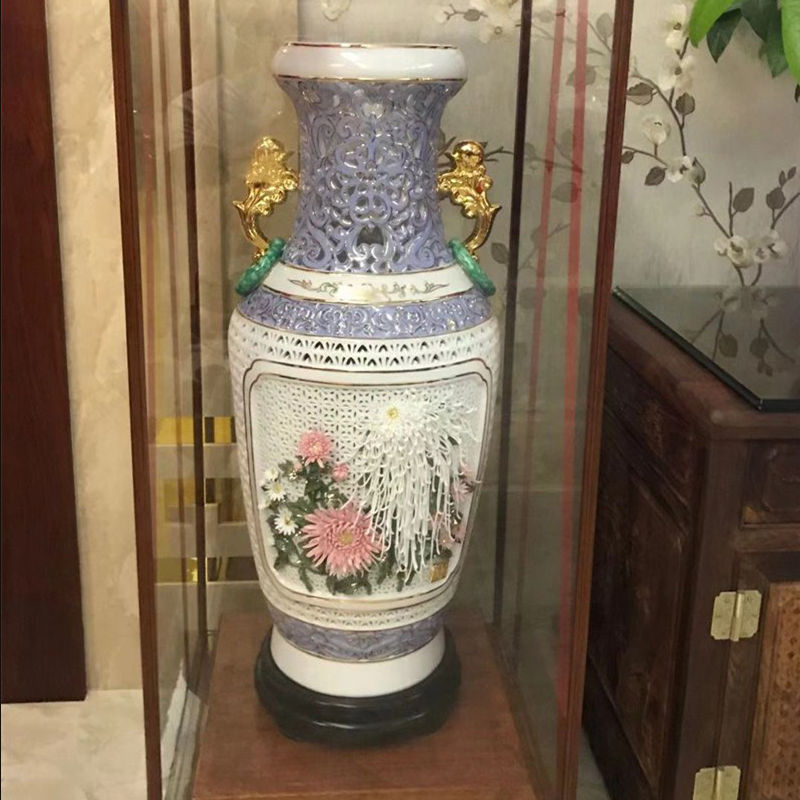 中式陶瓷艺术品镂空花瓶摆件中国风家居工艺品潮州通花瓶送人礼品