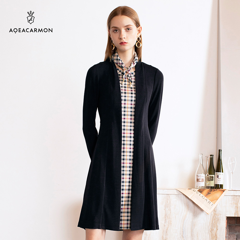 aqeacarmon雅格上美法式连衣裙秋冬假两件格纹拼接长袖裙子女装