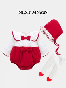 英国Next一岁宝宝包屁衣周岁女宝秋装红色衣服婴儿满月连体衣爬服
