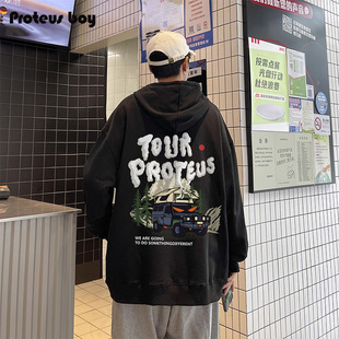 ProteusBoy卫衣男款春秋冬季复古LOGO字母印花宽松连帽落肩上衣服