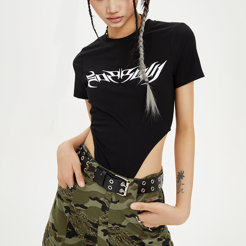 ahnkank原创辣妹紧身连体短袖t恤女2022夏装新款性感露腰打底衫女