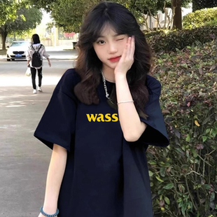 WASSUP HEODS纯棉藏青色字母短袖t恤女夏季宽松流行潮牌情侣上衣