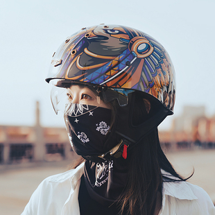 复古摩托车头盔夏季男女内镜半盔骑行瓢盔踏板电动机车飘盔安全帽
