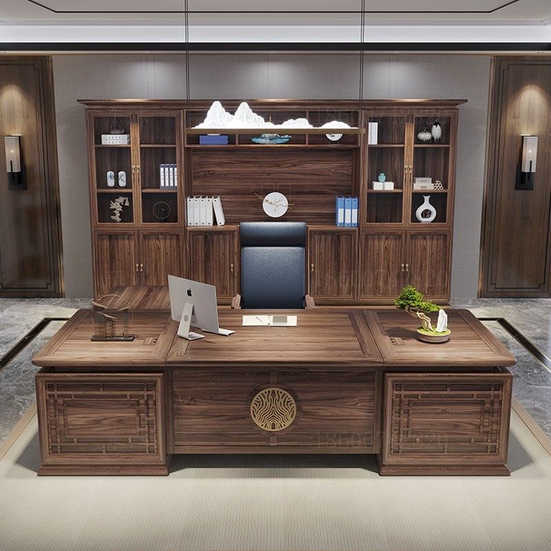 高档新中式实木办公桌老板桌椅乌金木大班台经理总裁室黑胡桃家具