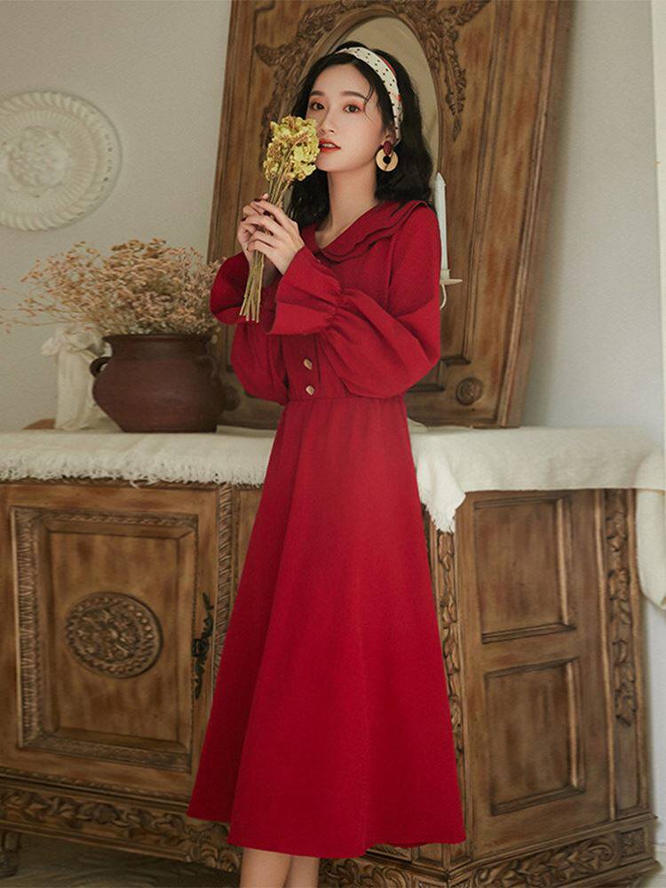 红色加绒长袖连衣裙秋冬2021新款高端法式复古赫本气质新年小红裙