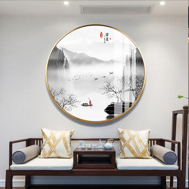 新中式圆形山水禅意玄关装饰画客厅餐厅书房挂画走廊过道茶室壁画