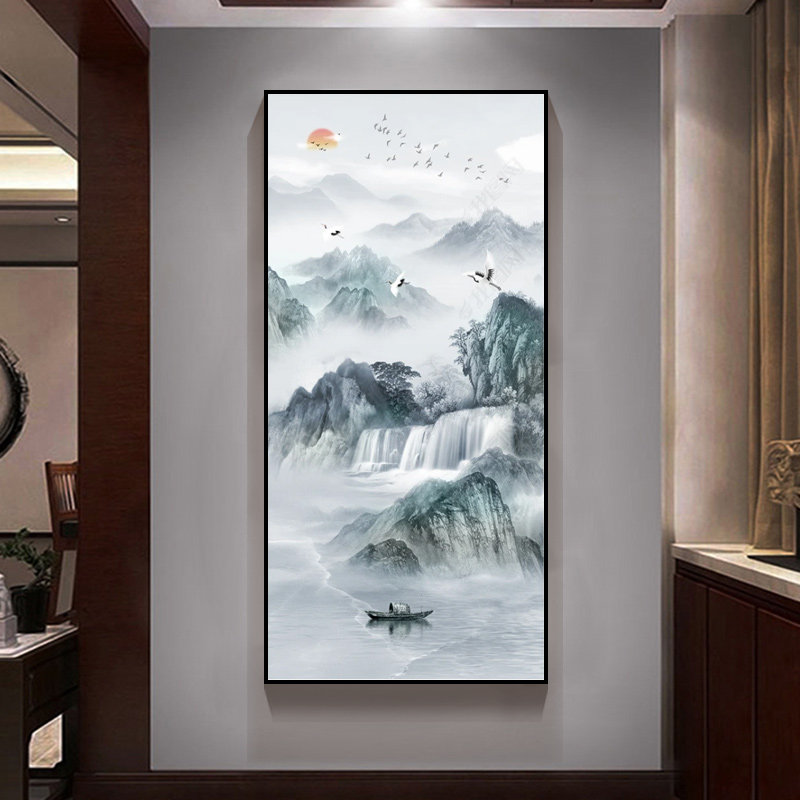 新中式山水竖版入户进门玄关装饰挂画走廊过道背景墙壁画一揽江山