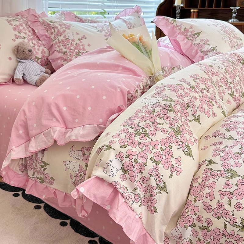 公主风纯棉四件套全棉韩式花边粉色被套床单三件套女生床上用品4