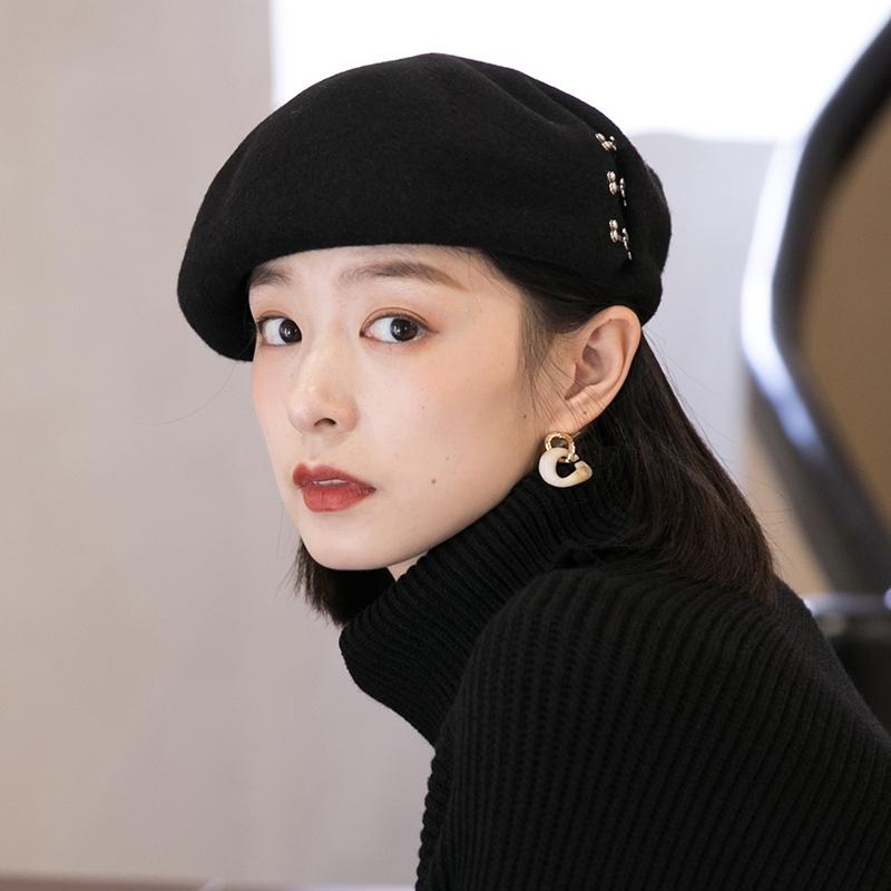 法国新款贝雷帽女秋冬羊毛黑色英伦复古百搭画家帽蓓蕾帽子潮ins