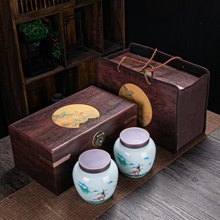 陶瓷茶叶罐大号茶罐家用防潮高档木盒装密封罐子半斤一斤装空礼盒