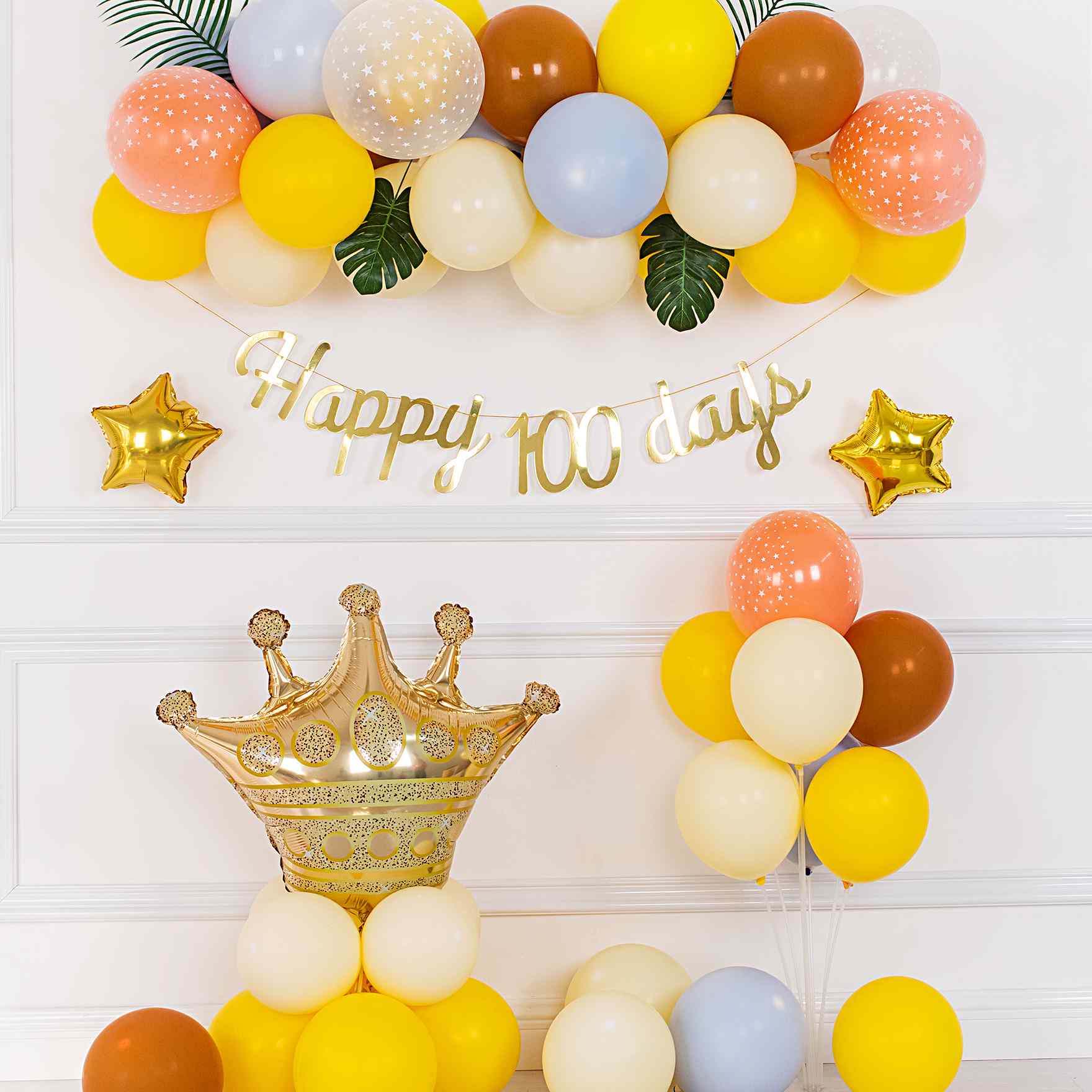 男女孩宝宝百天百日宴布置ins网红黄气球拉旗背景墙装饰婴儿100天