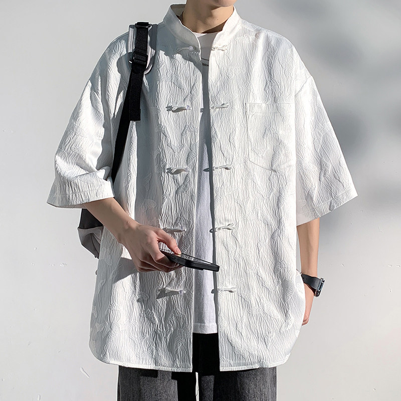 新中式国风短袖衬衫男夏季新款高级感蝴蝶纹提花立领盘扣免烫衬衣
