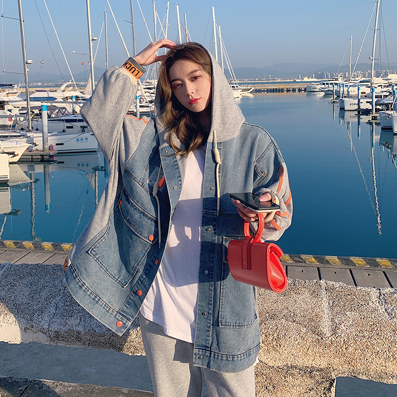 sandromoscoloni牛仔连帽外套女2022春季复古风宽松百搭拼接夹克