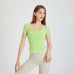 新款修身显瘦瑜伽服欧美翻领速干健身运动上衣女T恤夏季短袖透气