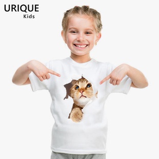 3D立体萌猫咪橘猫图案莫代尔儿童T恤女童装短袖圆领可爱动物宝宝