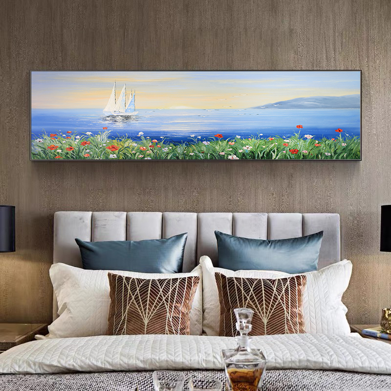 卧室床头装饰画现代简约轻奢挂画一帆风顺风景手绘油画纯手工壁画