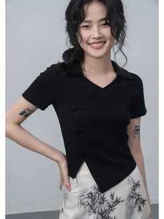 LIDADA新中式国风t恤短袖夏季黑色设计感小众正肩V领短款上衣女