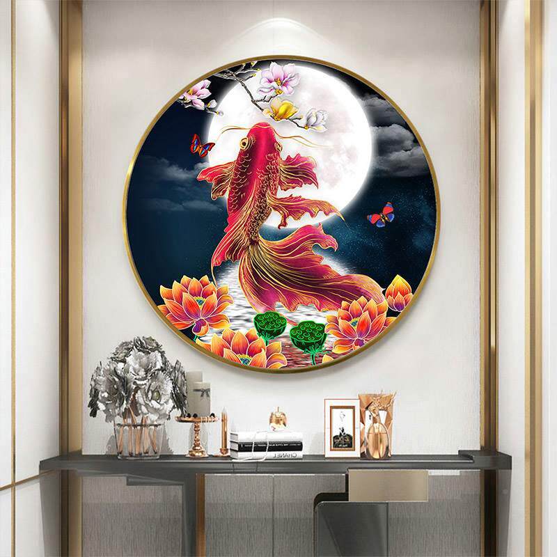 新鲤款蒙娜丽锦鲤眺月莎十字绣印绣花线绣自小己客厅动物圆形画莲