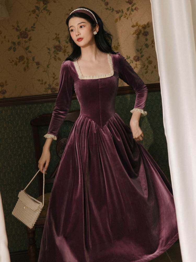 秋冬女装复古法式赫本风轻奢宫廷紫色丝绒连衣裙港风礼服长裙高级