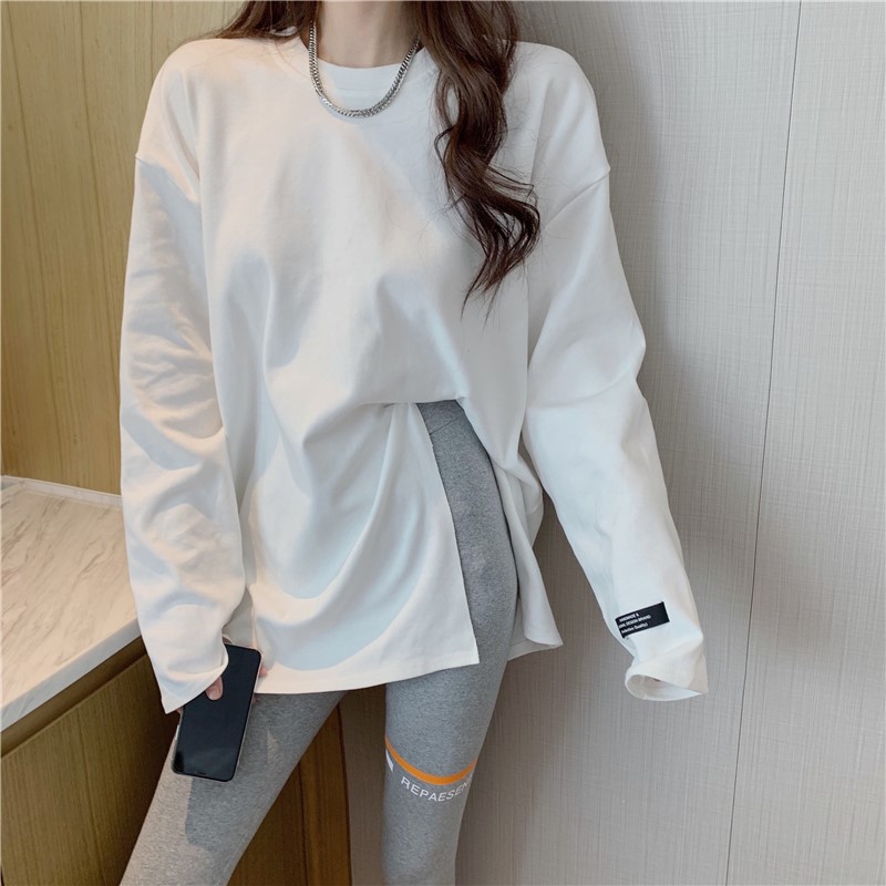 韩版白色长袖t恤女加绒打底衫秋冬内搭洋气宽松磨毛外穿开叉上衣t
