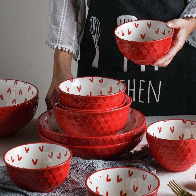 红碗家用陶瓷好看可爱碗女生超萌吃饭创意个性ins网红红色碗套装