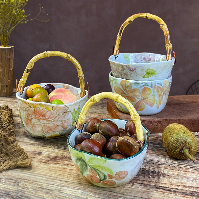 纯手作陶瓷水果盘零食干果盘带提手果篮创意手绘果盆家用大号果盆
